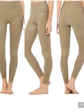Alo Vapor High Rise Full Length Legging — taupe with gold trim